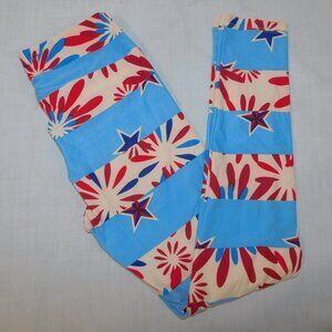 LuLaroe Blue Red Cream Stars and Bursts Womens Leggings OS size 2 -10